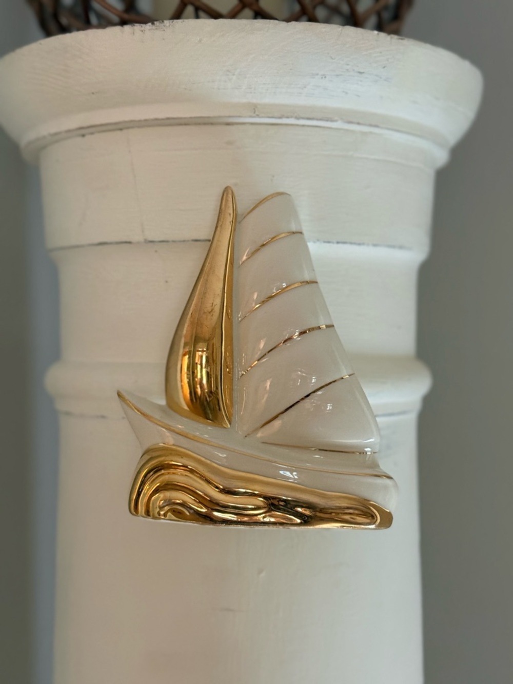 Vintage Gold and Cream Ceramic Sailboat Wall Pocket